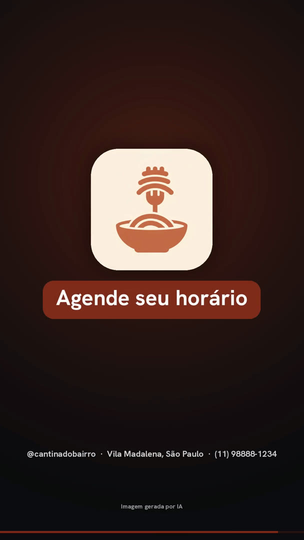Tarjeta final de un anuncio de restaurante: logo, llamado a la acción y la línea con el perfil, el barrio y el WhatsApp.