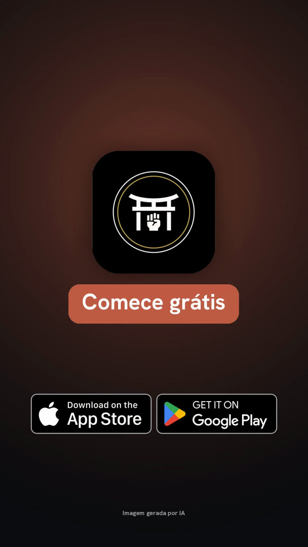 Tarjeta final de un anuncio de aplicación: logo, llamado a la acción y los sellos de App Store y Google Play.