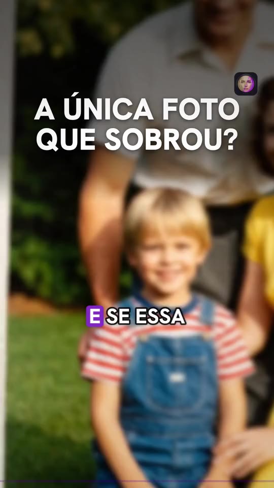 Anúncio com cenas de vídeo e motion design de um aplicativo de fotos com IA: a pergunta sobre a única foto que sobrou, fotos antigas rasgadas e desbotadas, a tela real do app em motion design mostrando o retoque e o fecho com os selos das lojas.